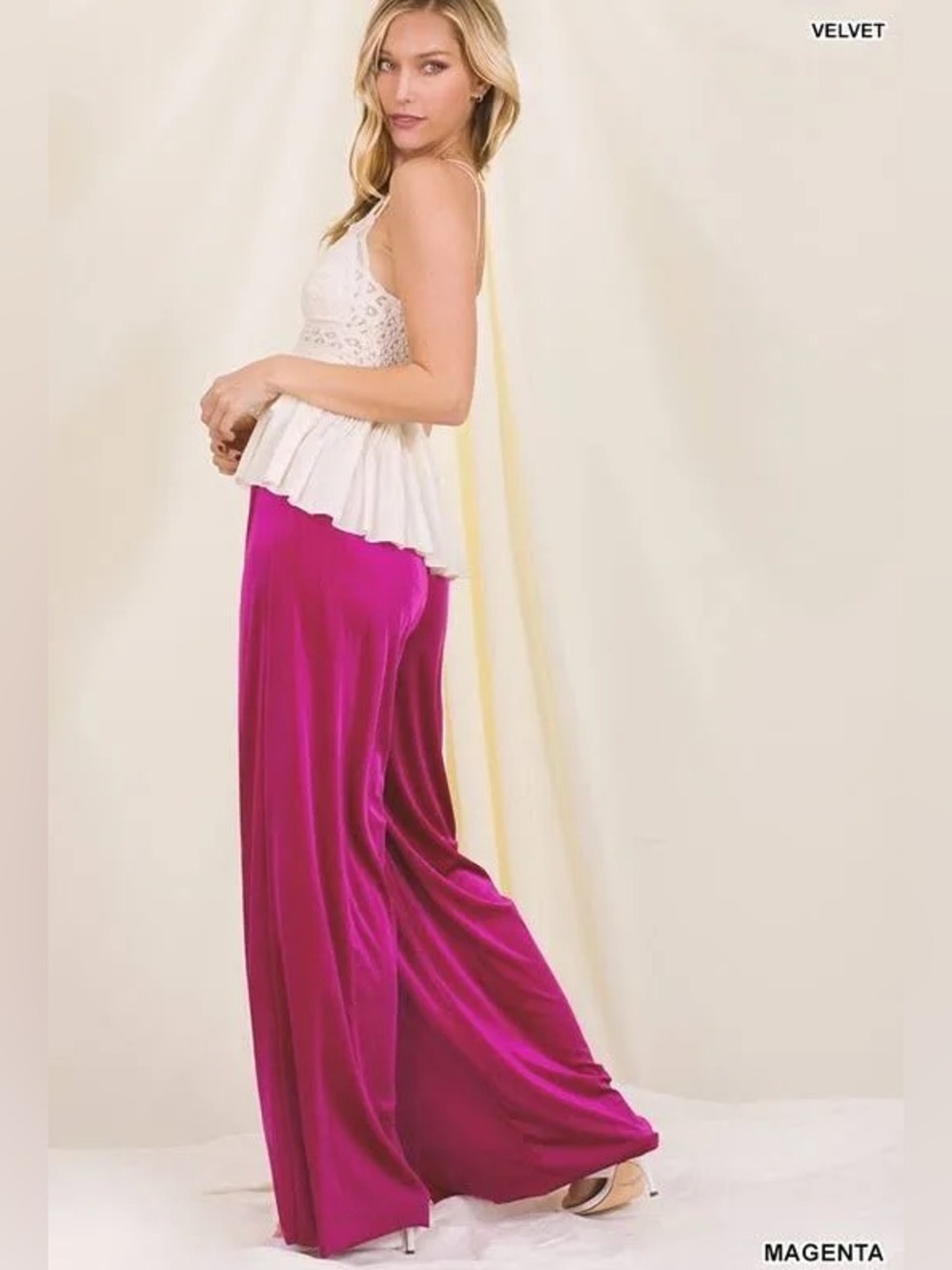 Zenana magenta velvet wide leg elastic waist pants, NEW